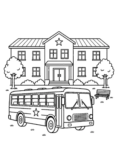 Military bus parked in front of a two-story barracks with a bench, two leafy trees, bushes, and grass.