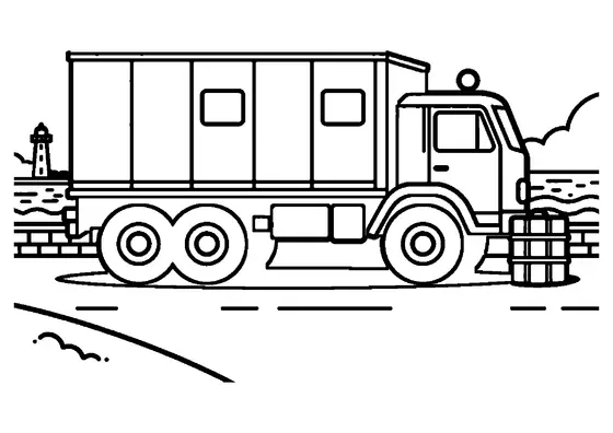 Ein Militärlastwagen fährt auf einer Küstenstraße an einem Fass und einer Transportkiste vorbei.