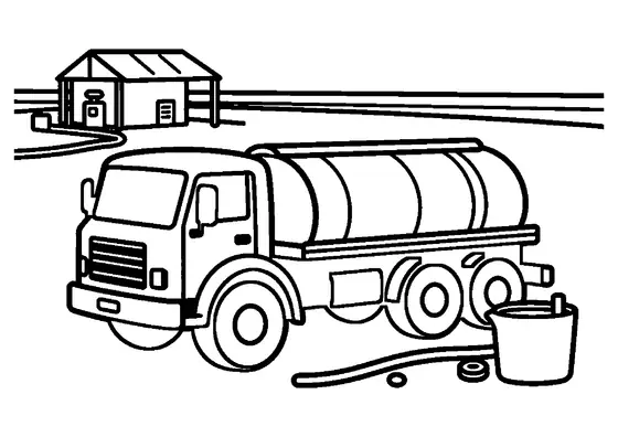 Un camion militaire se tient près d’une citerne de campement, d’un tuyau et d’un grand conteneur.