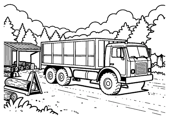 Un camion militaire se trouve près de troncs et d’une grande scie à cadre, sur l’aire d’une scierie mobile.