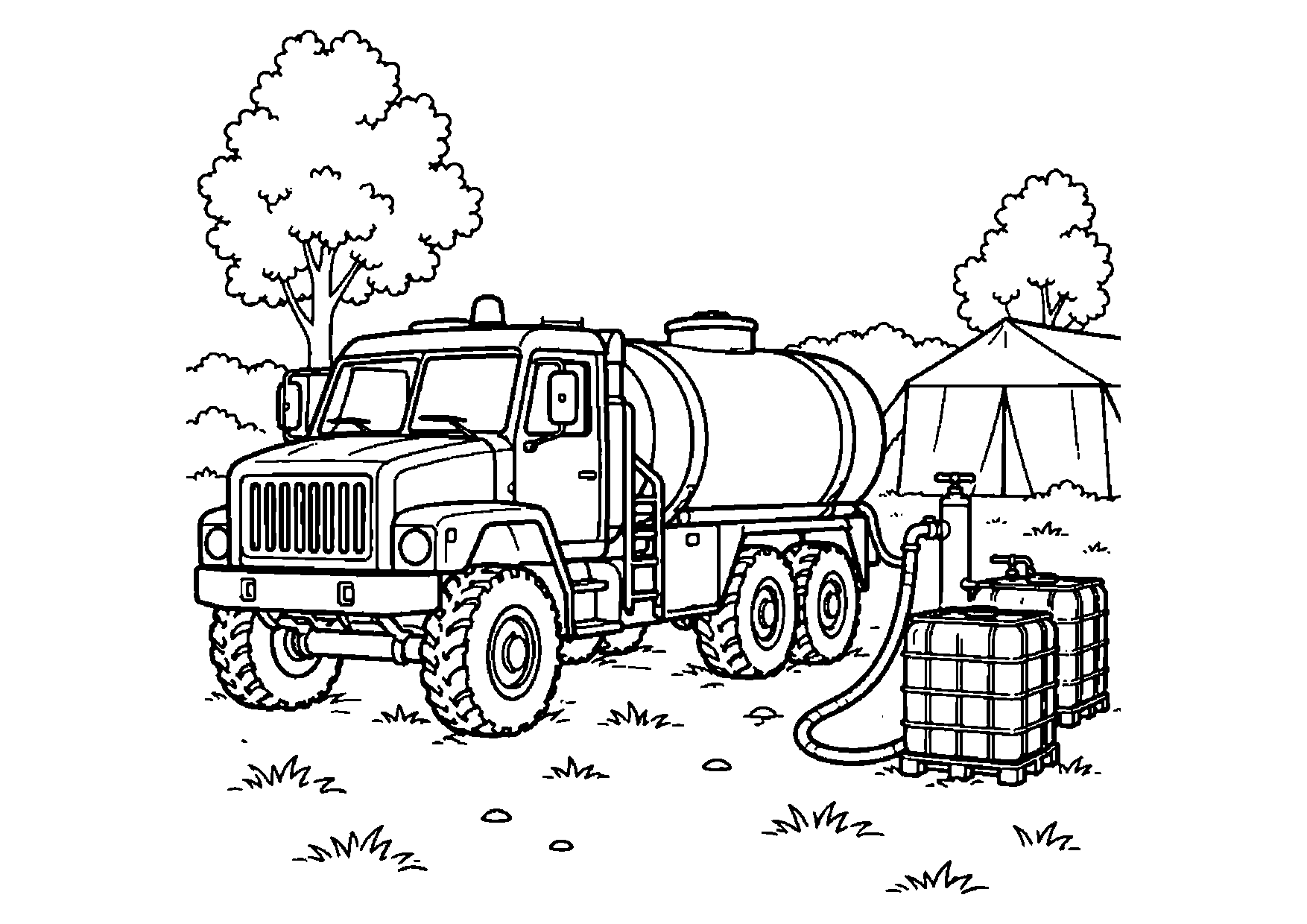 Military water tanker at a field water point with two large containers, a hose, faucet, tent, trees, and bushes.