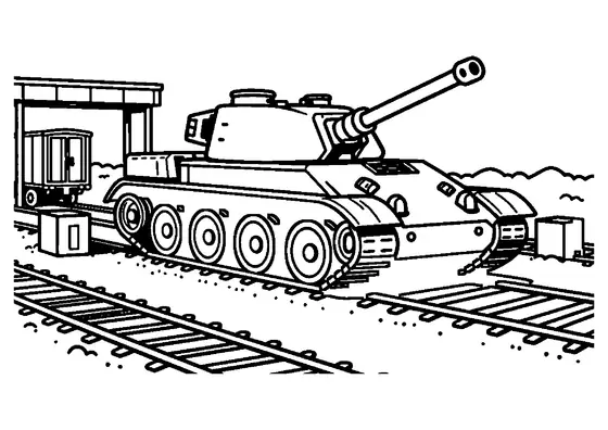 Un char attend près d’un large quai ferroviaire, à côté de cales et d’une caisse de transport.