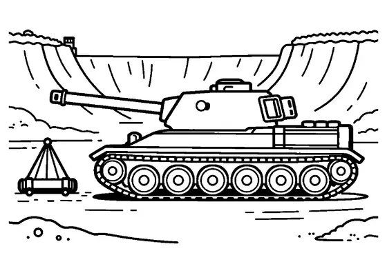 A large tank at a chalk training ground with practice barrels, a cliff, and earth embankments.