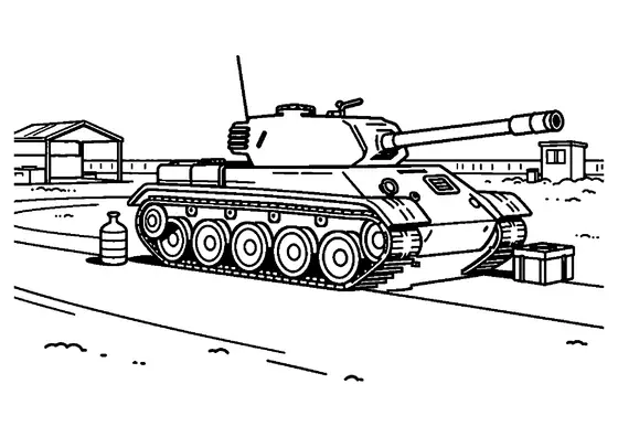 Ein leichter Panzer steht auf einem Wüstenübungsplatz neben einem Kanister und einer Kiste.