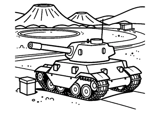 A tank stands at a training ground among gentle volcanic cones and wide fields of solidified lava.