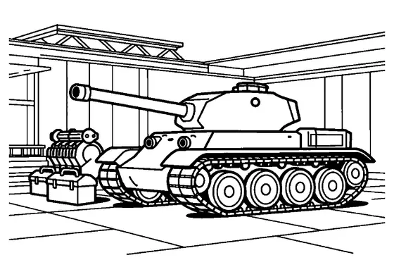 A tank stands in a museum gallery beside an engine and a large toolbox.
