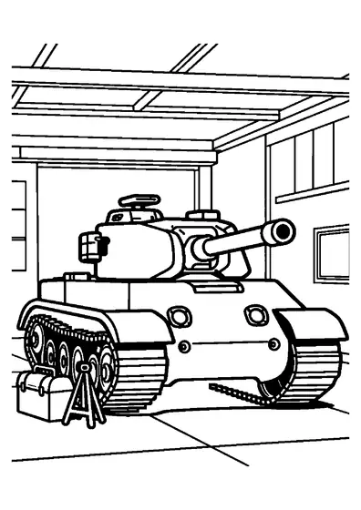 Ein schwerer Panzer steht in einer Wartungshalle neben einem Werkzeugkasten und einer Hebevorrichtung.