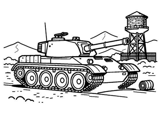 Un tanque de orugas con cañón está cerca de una torre de agua y unas montañas, con un bidón de combustible en primer plano.