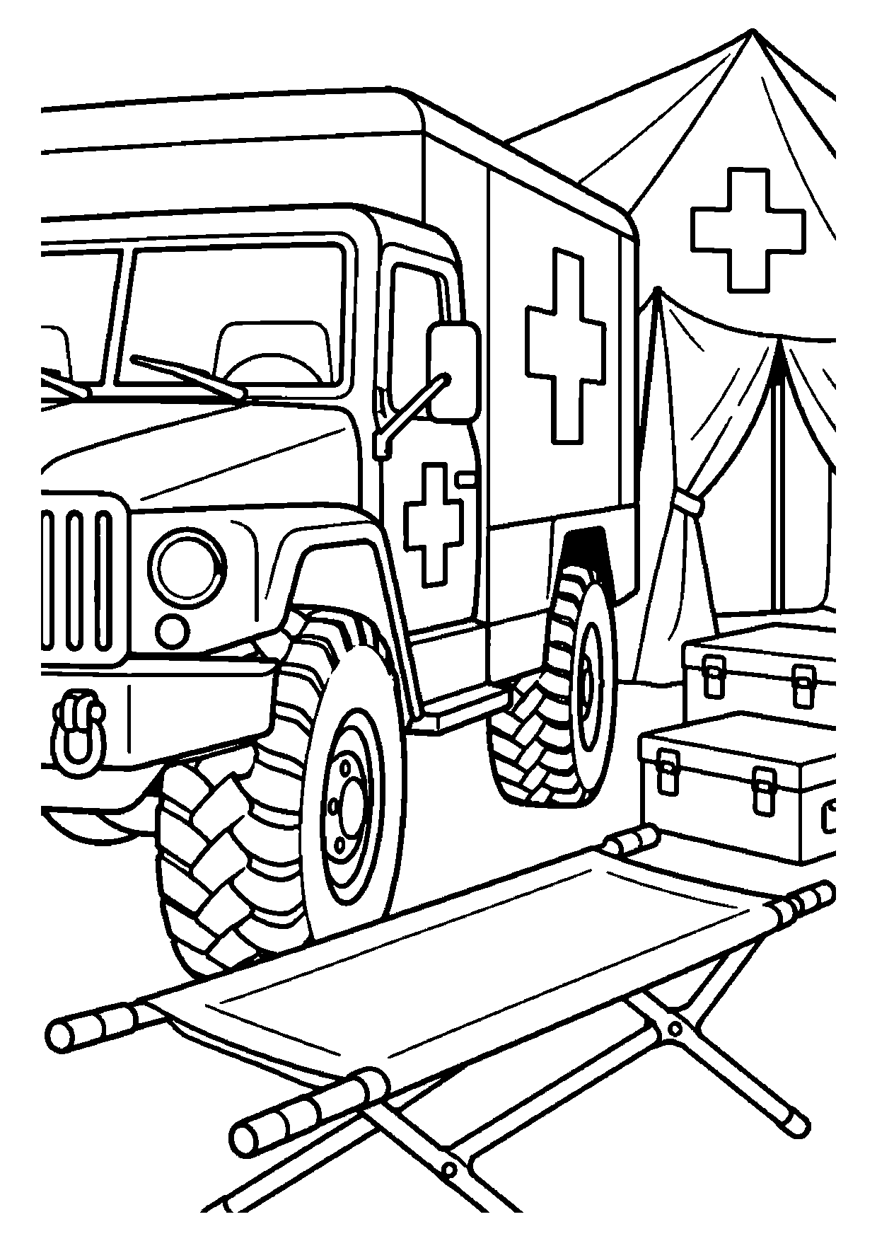 A rugged military ambulance truck with cross emblems parked beside a medical tent, a folding stretcher and supply boxes