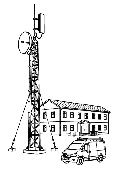 Tall communications mast beside two-story barracks with dish and panel antennas, guy wires, and a utility van.