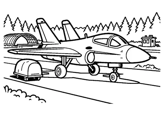 An imaginary fighter jet on a forest runway beside a maintenance cart and an engine cover.
