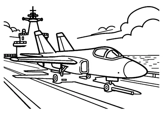 Un avion de chasse fictif aux ailes repliées est immobilisé par des cales sur le vaste pont d’un porte-avions.