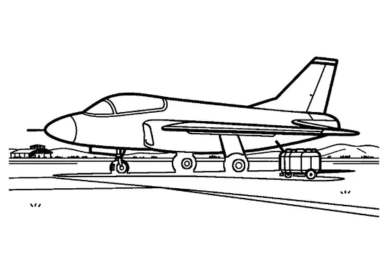 An imaginary fighter jet at a wide airfield with a fuel tanker and maintenance cart.