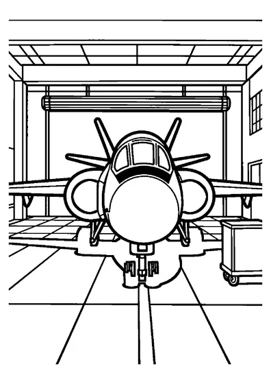 An imaginary fighter jet in an assembly hangar beside a platform and large service cart.
