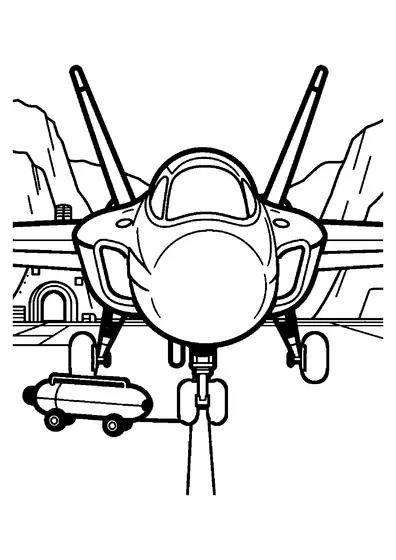 Ein Kampfjet steht vor einem Felshangar neben einem Tank und einem Wartungswagen.