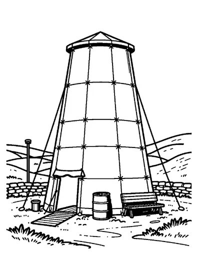 A field tent on an open plain with a water barrel and large bench beside it.