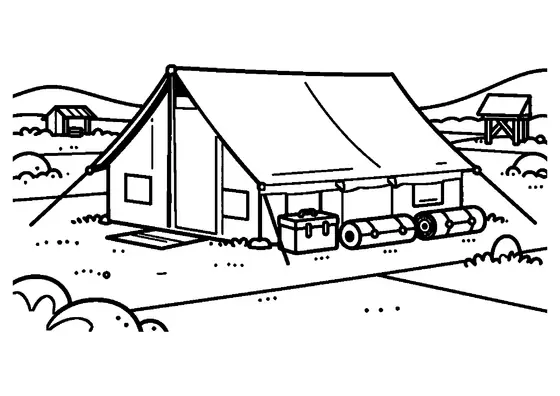 A large field tent in the highlands beside a crate and rolled-up mat.