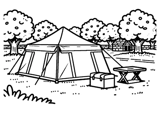 A large field tent stands in an olive grove beside a crate and folding table.