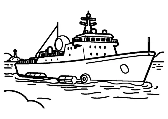 Ein Ausbildungsschiff fährt auf offener See an einer großen Boje und einem Rettungsfloß vorbei.