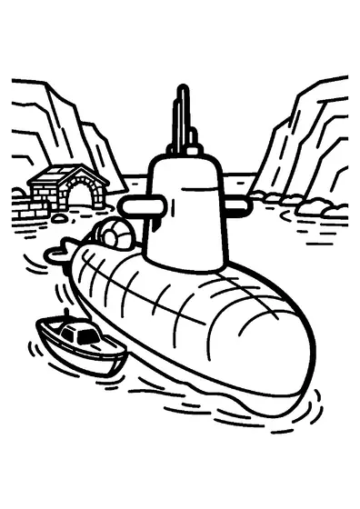 An imaginary submarine on the surface of a bay beside a buoy and support boat.