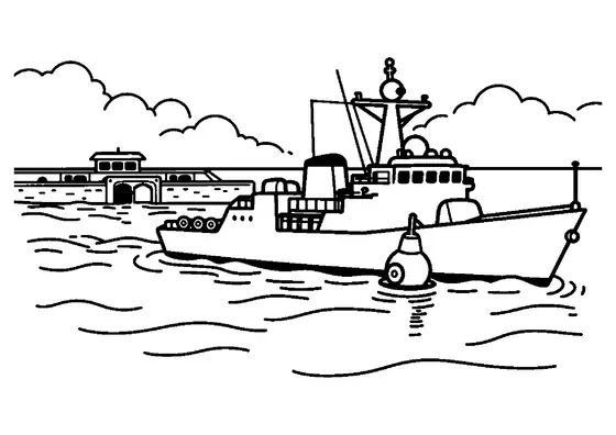 A large patrol ship sails beside a concrete storm barrier and harbor buoy in windy weather.