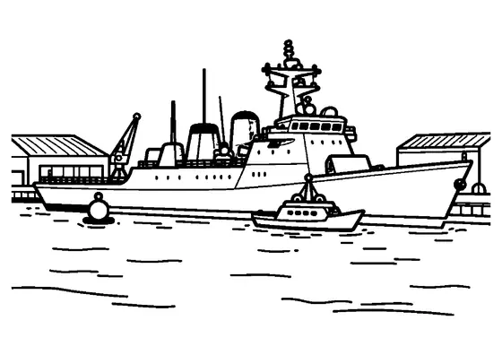 Ein erfundenes Patrouillenschiff liegt neben einer Boje und einem Serviceboot an einem militärischen Kai.