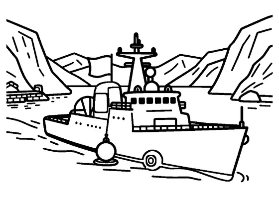 Un navire imaginaire traverse un fjord près d’une grande bouée et d’un bateau de ravitaillement.
