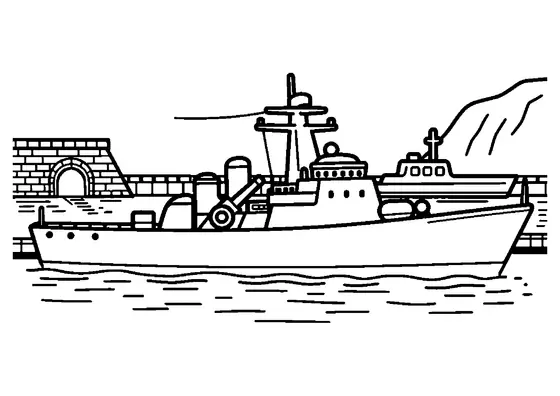 A fictional military ship in a rocky harbor with a large buoy and a service boat.