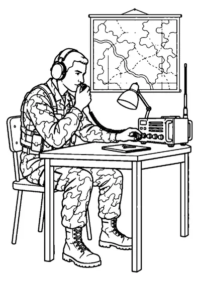 Military communications operator wearing headphones and speaking into a radio microphone beside a radio set, lamp, and wall map.