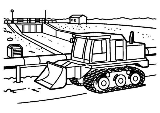 An engineering vehicle with a dozer blade parked by a canal beside a large pipe and a toolbox.