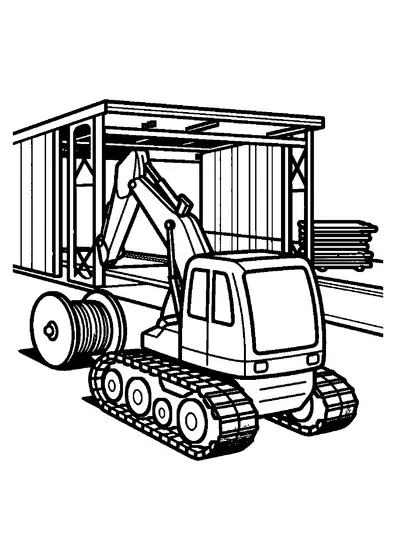 A tracked engineering vehicle beside a bridge section and a large cable reel.
