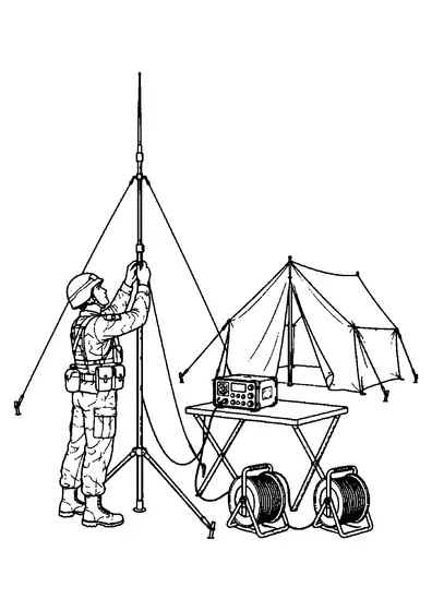 Military radio operator adjusting a tall field antenna beside a radio table, two cable reels, and a simple tent.