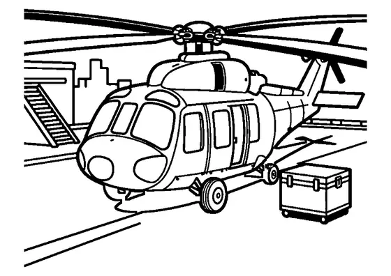 A helicopter on a rooftop base helipad beside a cart and crate, with buildings in the background.