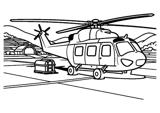 A military helicopter stands on a field landing pad surrounded by wide rice terraces.