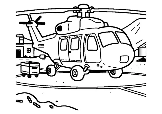 A helicopter parked at a geothermal base beside a crate and a fuel cart.