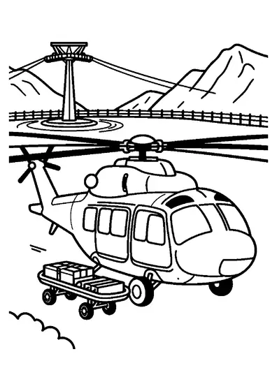 Un hélicoptère sur une aire d’atterrissage, près d’une civière et d’une caisse, à côté d’un téléphérique de montagne.