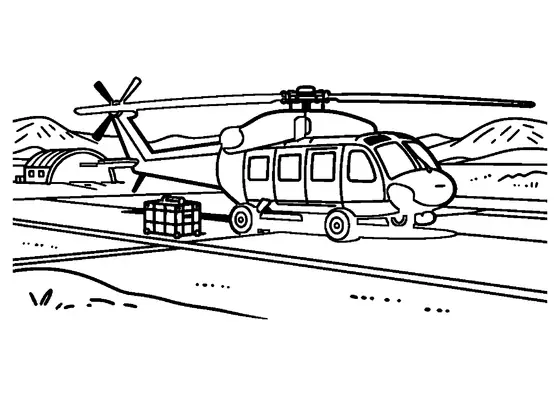 An imaginary helicopter at a desert base beside a crate and storage tank.