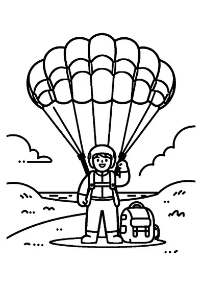 Un parachutiste se tient sur le sable près de sa voile déployée et de son sac à dos, avec des dunes à l’arrière-plan.