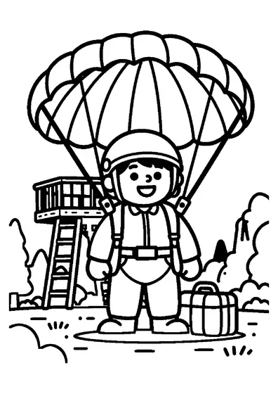 A smiling paratrooper beside an open parachute near a training tower in the forest.