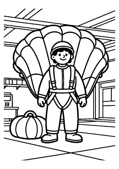Un parachutiste souriant se tient dans une grande salle, à côté d’un parachute plié et d’un grand sac.