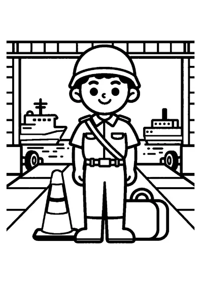 Un soldat souriant se tient près d’un cône de signalisation et d’un grand sac, devant l’entrée d’un port militaire.
