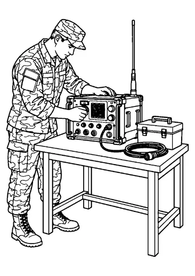 Military technician checking a large field radio on a workbench with a toolbox, coiled cable, and tall antenna.