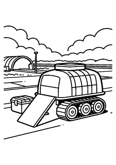 An armored vehicle viewed at an angle beside an old shelter and a cracked airfield runway.
