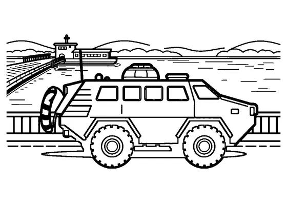 Un véhicule de transport de troupes à roues attend près d’un bac militaire, à côté d’une rampe et d’une grande bouée.