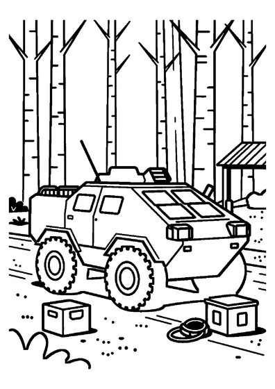 A wheeled armored personnel carrier in wet woods beside a large crate and a coiled rope.