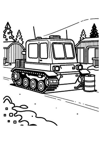 Un véhicule de transport de troupes à chenilles est garé dans la neige, près de caisses et d’un tonneau, au sein d’un dépôt militaire.