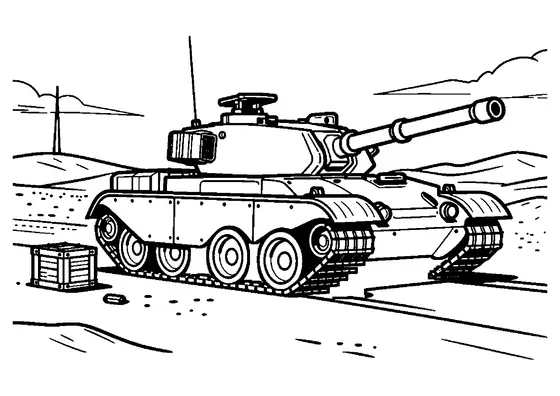 Dibujo para colorear de un tanque militar rodeado de dunas de arena en el desierto.