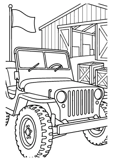 An open-top military jeep with big treaded tires parked in front of a plank warehouse, wooden crates and a flag on a pole