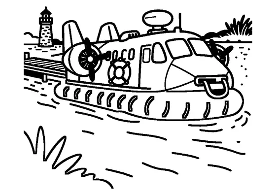 Aerodeslizador militar junto a un muelle de madera y una torre de señalización fluvial. Dibujo para colorear infantil.