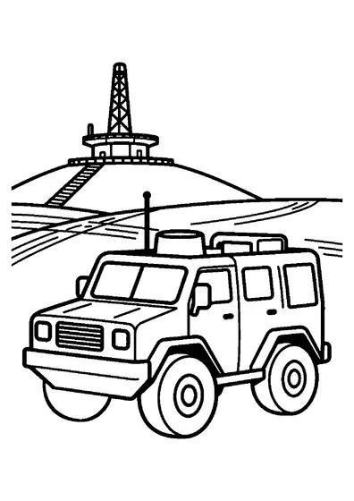 An armored command vehicle stands beside a mast and concrete station on a hill.